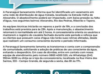 Comunicado da Paranaguá Saneamento referente a distribuição de água em Alexandra