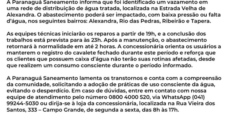 Comunicado da Paranaguá Saneamento referente a distribuição de água em Alexandra