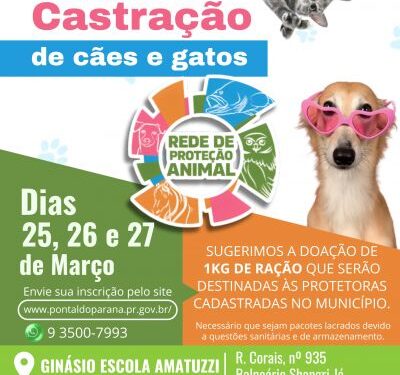Pontal do Paraná terá mutirão de castração gratuita para cães e gatos nos dias 25, 26 e 27 de Março