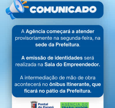 Agência do Trabalhador passa a atender provisoriamente na Prefeitura a partir de segunda-feira