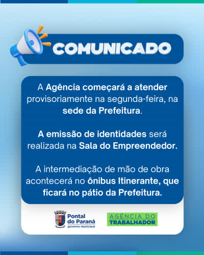 Agência do Trabalhador passa a atender provisoriamente na Prefeitura a partir de segunda-feira